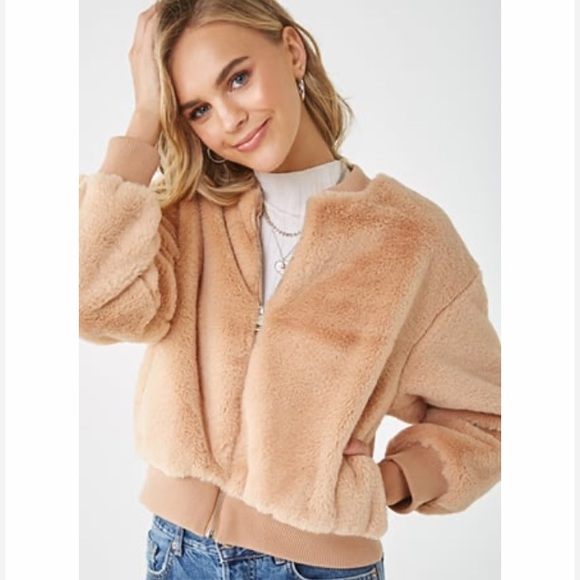 Bomber Jacket Peach Faux Fur Cropped - Picture 6 of 8